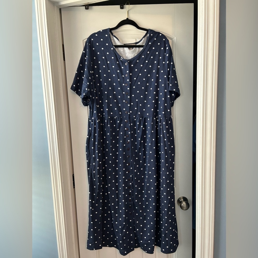 Woman Within 2X Navy and White Polka Dot Dress Short Sleeve